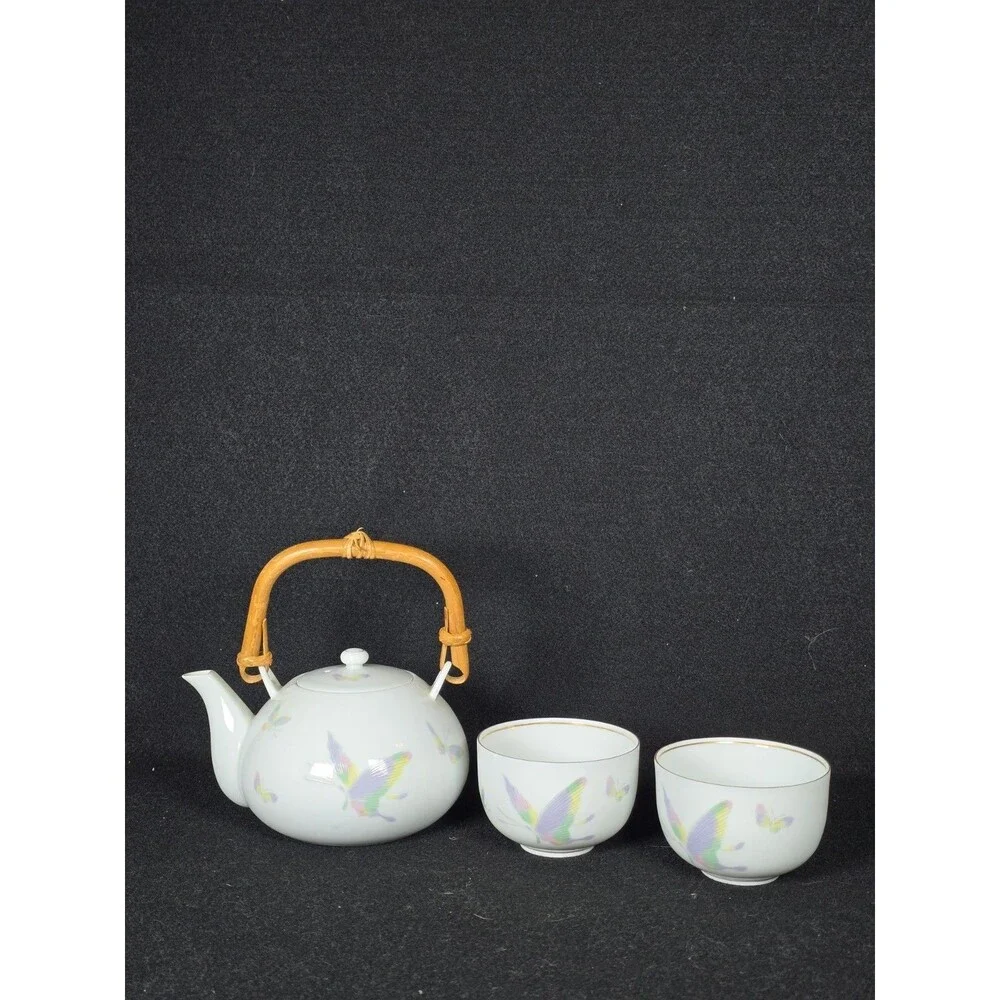 Asian Porcelain Tea Set Teapot & 2 Teacups Butterfly Gold Gilt Rim Retro